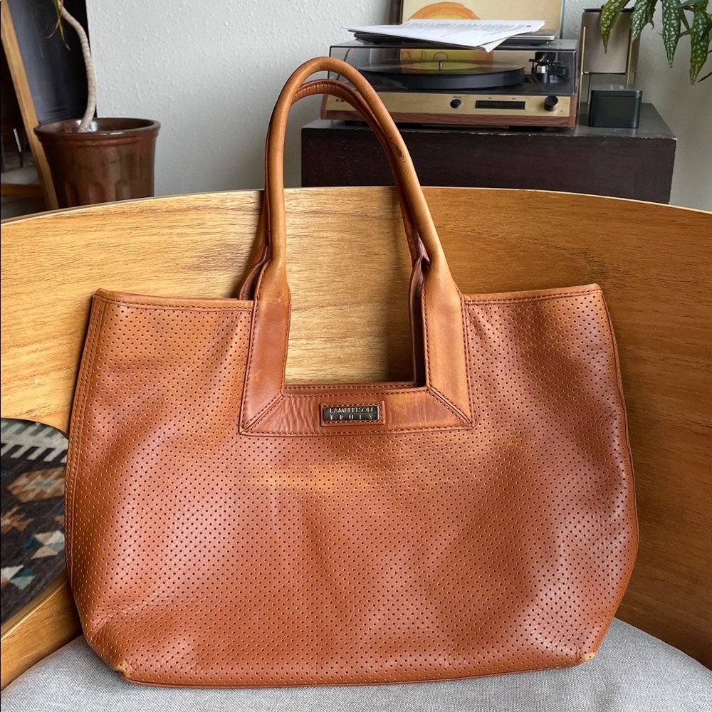 Leather Perforated Tote Bag in Cognac Brown